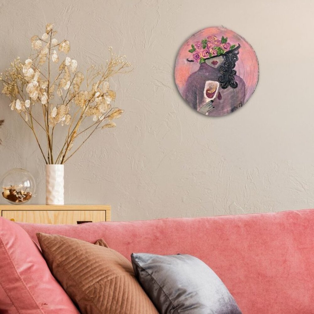 Original Painting "Wine O'Clock Ritual" Acrylic on 9" Live Edge Wood Slice